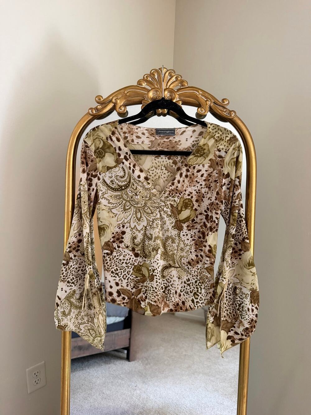 Vintage Y2K Jamie Nicole Collection Brown Green Floral Cheetah Blouse Shirt Top